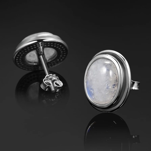 Natural moonstone earring studs sterling silver - Blue Flashy Moonstone Jewelry - Picture 3 of 5